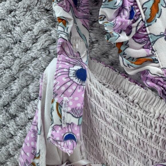 Haute Hippie Dress Womens M White Purple Floral Tiered Midi Smocked Cottage Boho - Picture 9 of 16